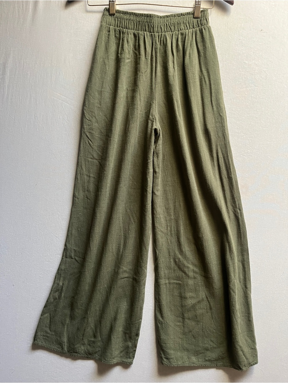 Icone Par Simons linen blend Olive Green Wide Leg Elastic Waist Pants Sz XS